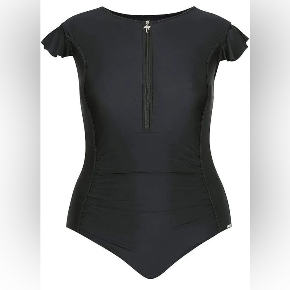 Black Zip Front Frill Sleeve Paneled One Piece Swimsuits